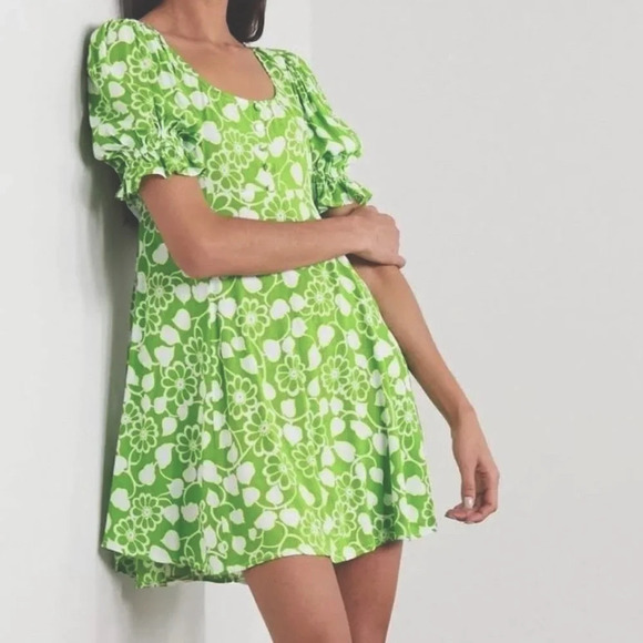 Faithfull The Brand Green Retro Floral Cleo La Barben Puff Sleeve Dress Size 10 - Picture 3 of 5
